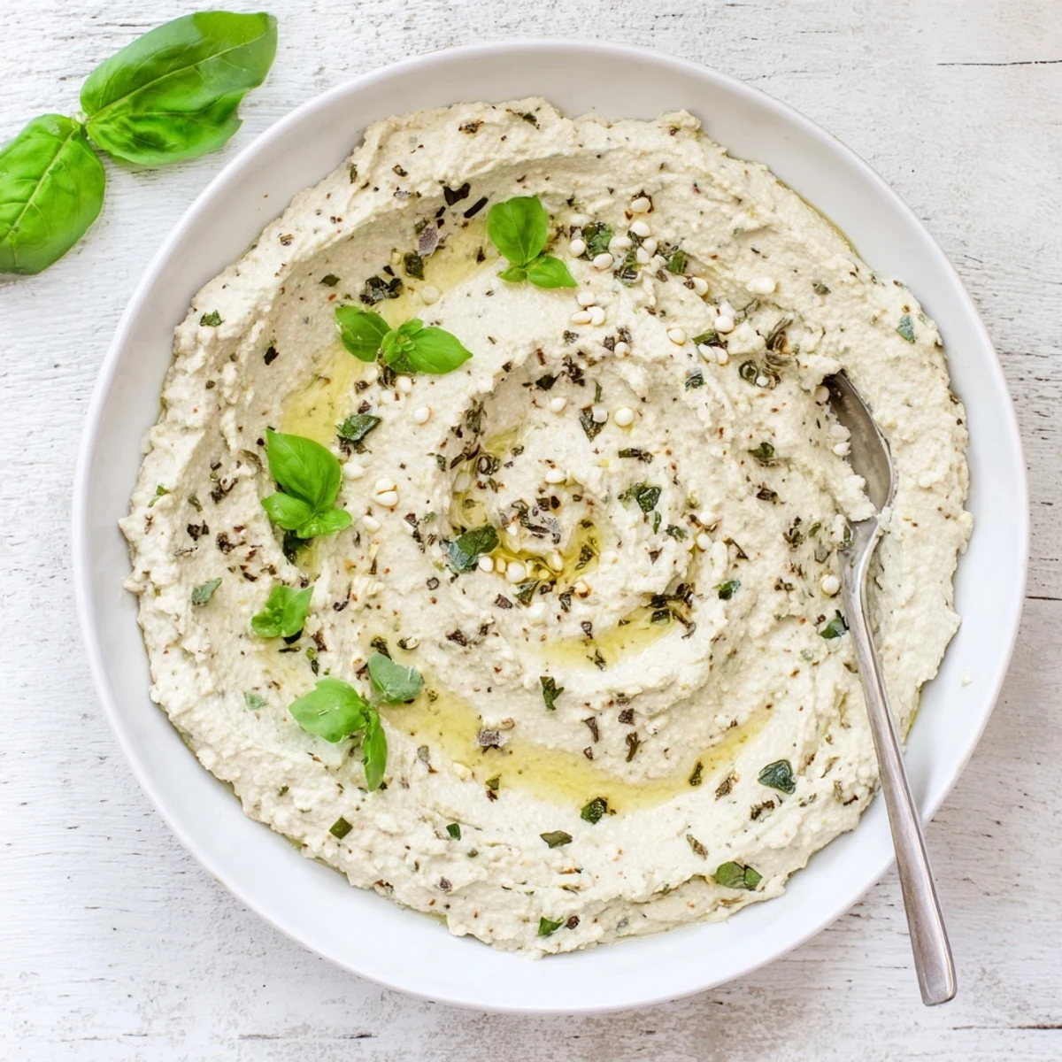 Close-up of tofu ricotta with a light crumble texture, served in a small white ramekin.