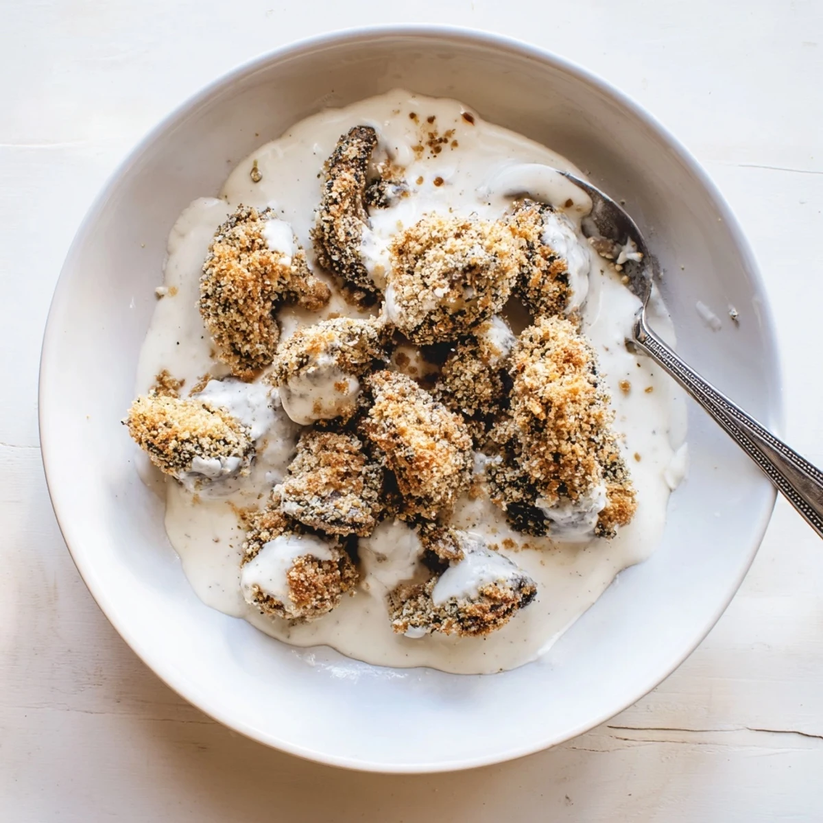 Crispy golden fried mushrooms with creamy peppery gravy, served as a hearty vegetarian Southern main dish.