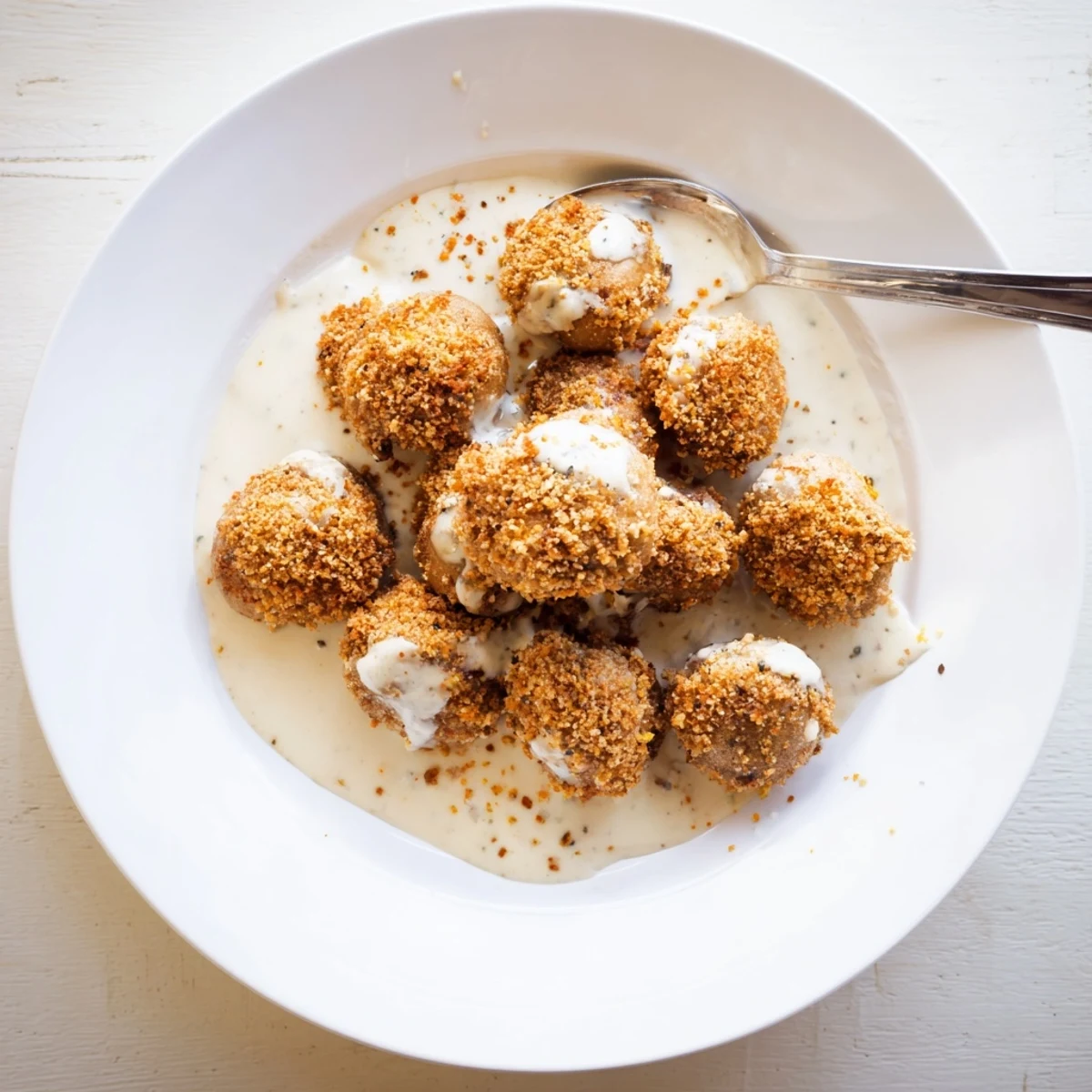 Freshly fried mushrooms coated in panko breadcrumbs, drizzled with smooth homemade gravy for a comforting meal.