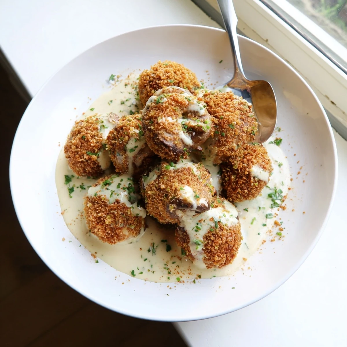 Sizzling hot mushrooms with golden crust and rich gravy, plated with mashed potatoes for a satisfying dinner.