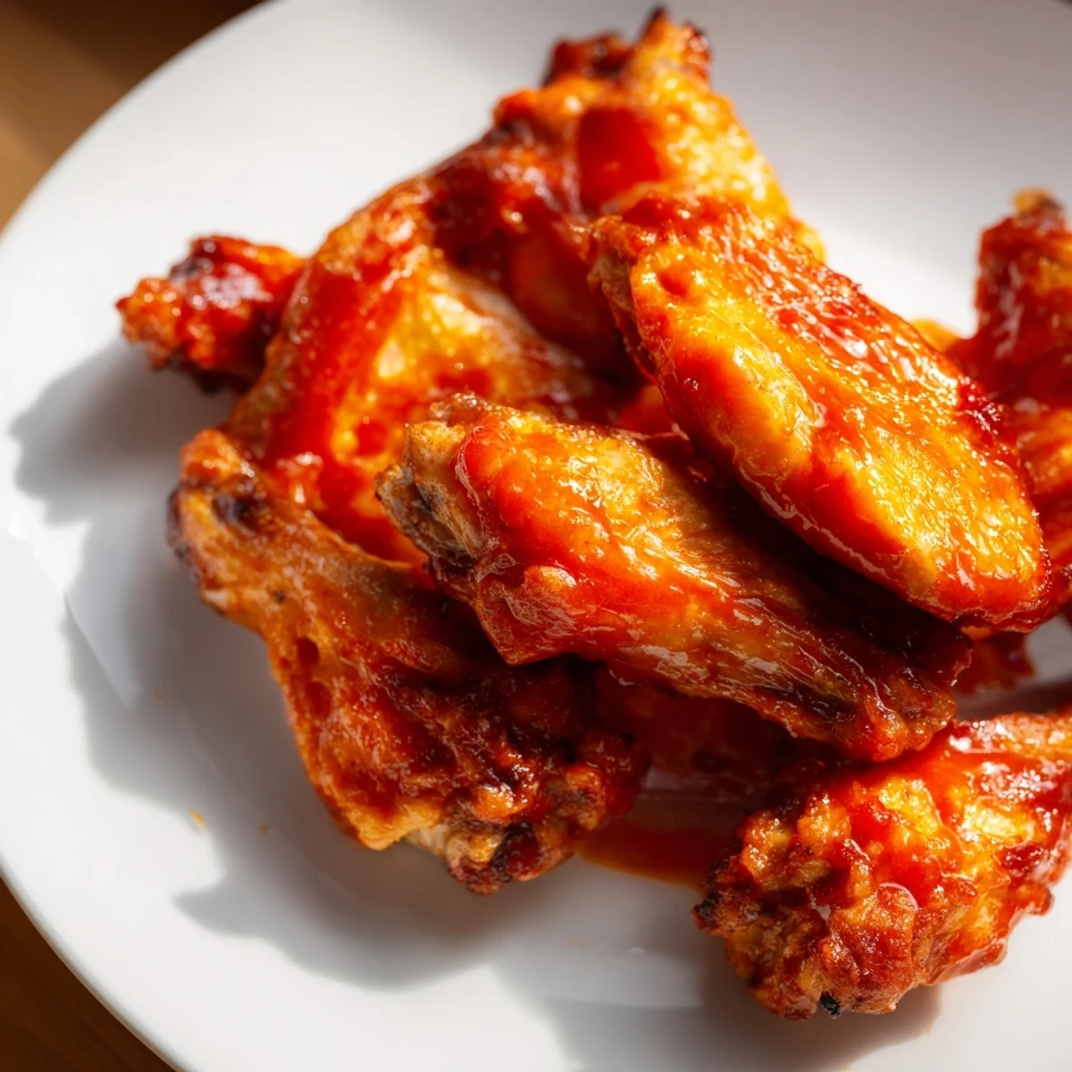 Golden-brown Crispy Smoked Buffalo Wings glistening with tangy red sauce, served with celery sticks and a side of blue cheese dressing on a rustic board.