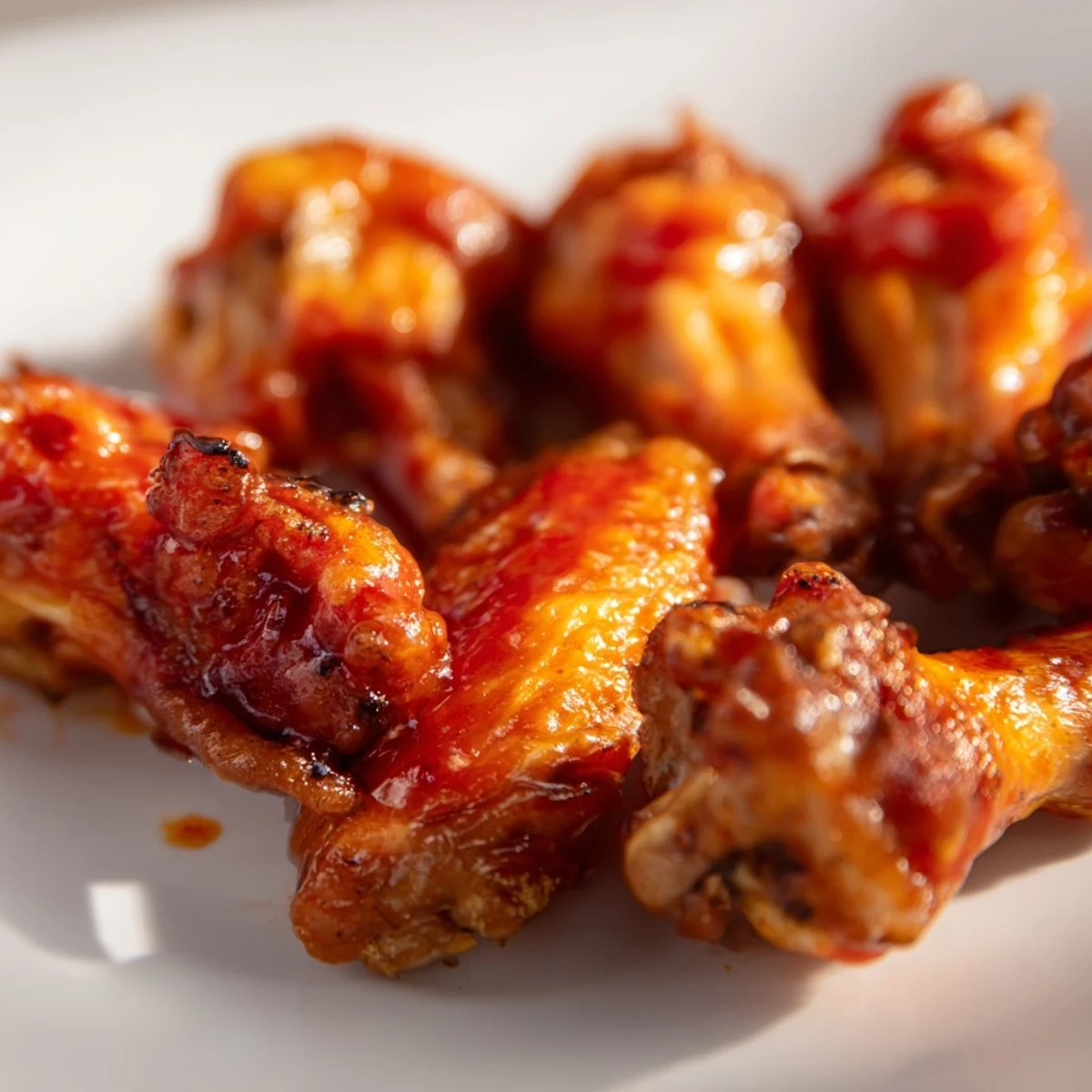 A close-up of Crispy Smoked Buffalo Wings with crispy skin and smoky char, drizzled with buttery hot sauce and accompanied by crunchy vegetable sticks.