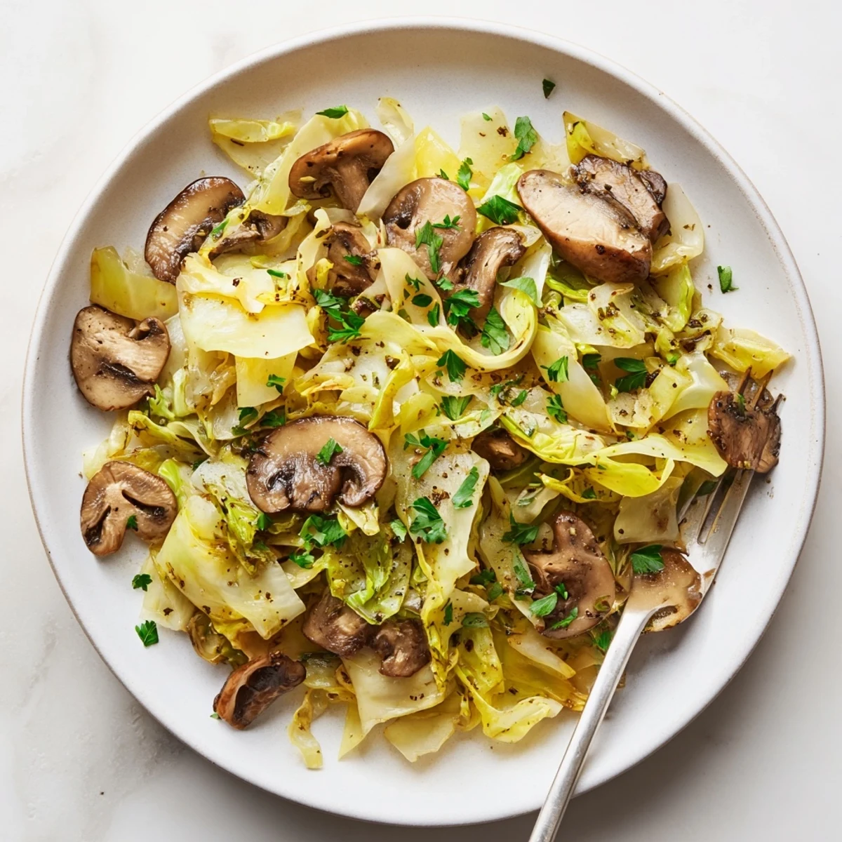 Steaming Vegetarian Cabbage Mushroom Sauté in a white bowl, featuring tender cabbage ribbons and sautéed mushrooms with a garlic aroma.