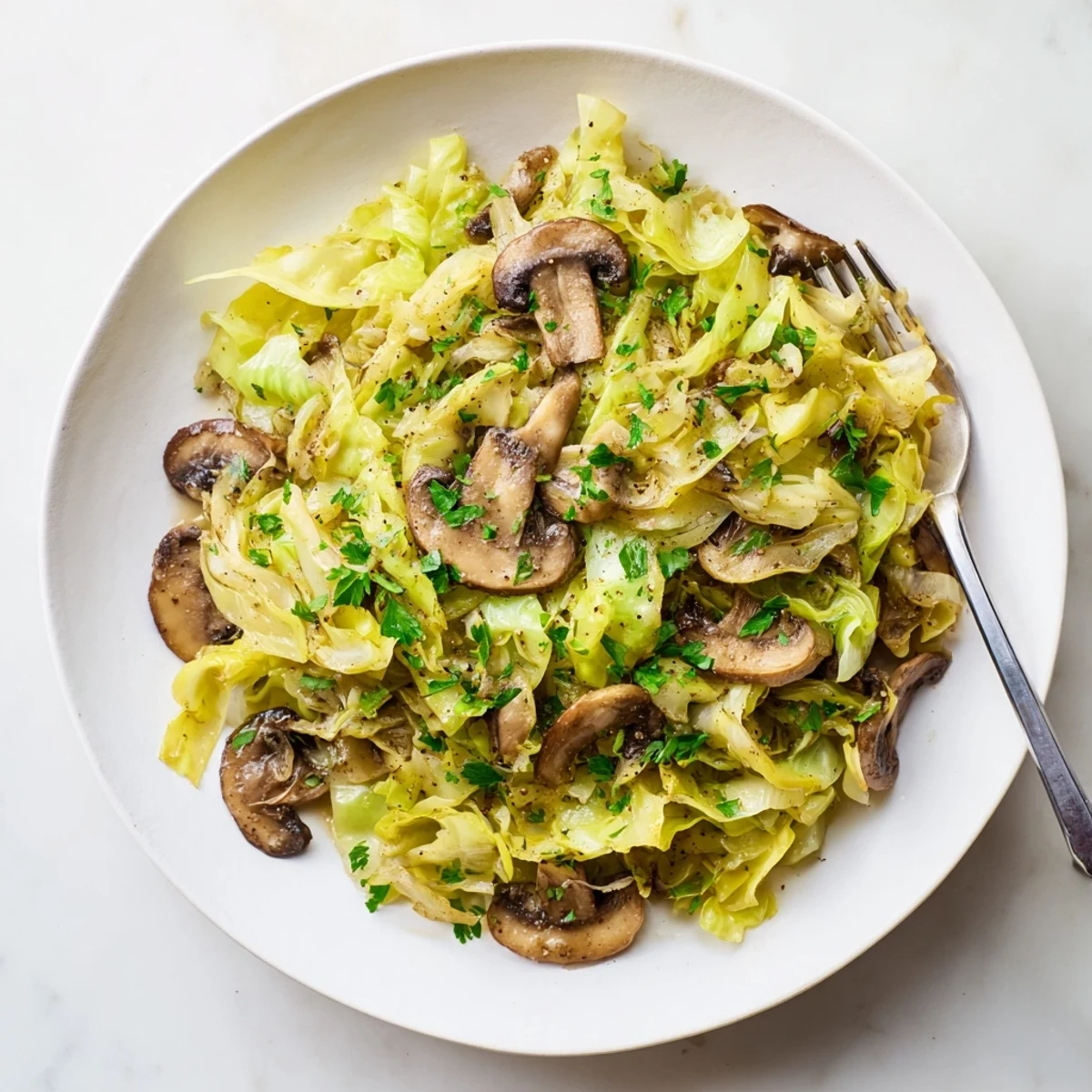 Close-up of vibrant Vegetarian Cabbage Mushroom Sauté, showing colorful cabbage and mushrooms glistening with olive oil and herbs.
