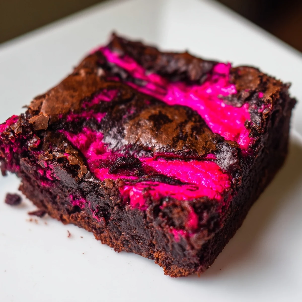 A close-up shot of Raspberry Swirl Brownies cut into neat squares, showing the rich fudgy texture and vibrant red raspberry puree marbled throughout.