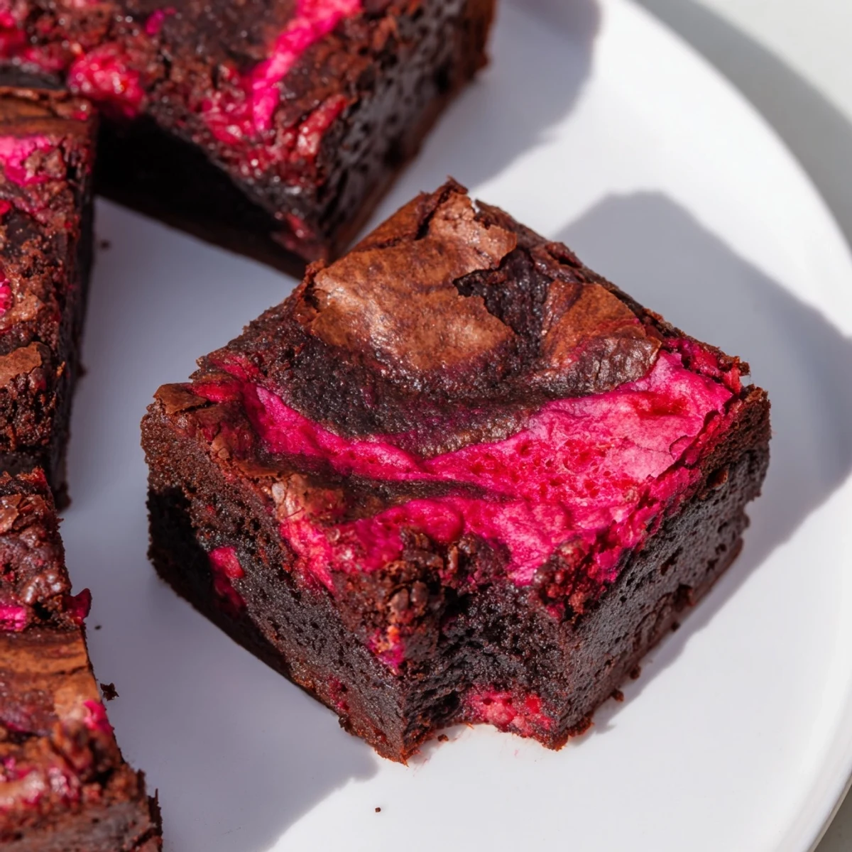 Moist and chewy Raspberry Swirl Brownies served on a white plate with a dusting of powdered sugar and a fresh raspberry garnish.