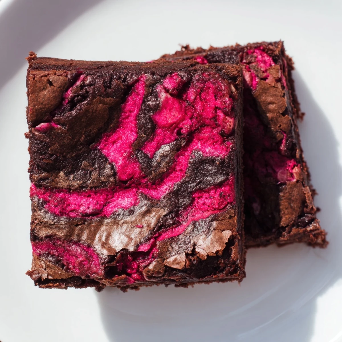 Homemade Raspberry Swirl Brownies cooling on a wire rack, showcasing glossy chocolate tops with beautiful swirls of tangy raspberry sauce.