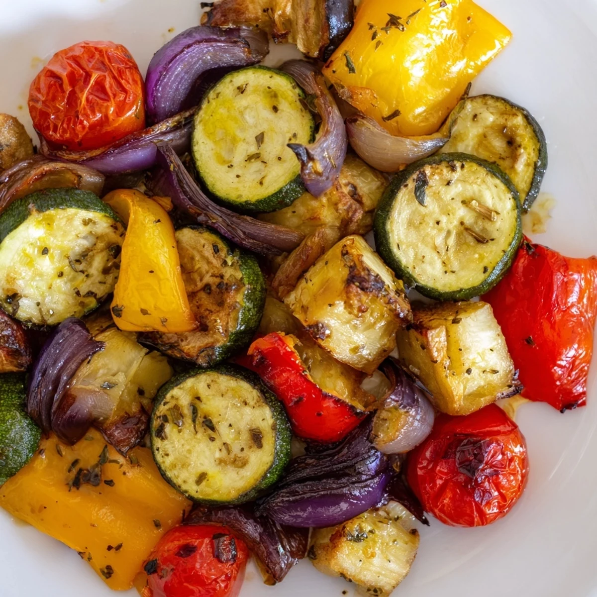 A close-up of Italian roasted vegetables in a skillet, garnished with fresh parsley and a drizzle of balsamic glaze.