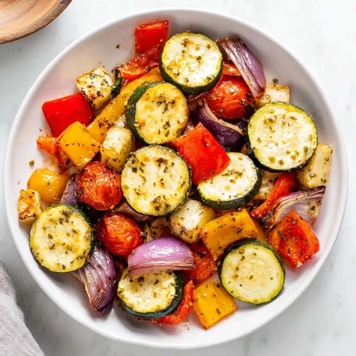 Roasted Italian vegetables served warm in a white bowl, mixed with cherry tomatoes and onions for a colorful side dish.