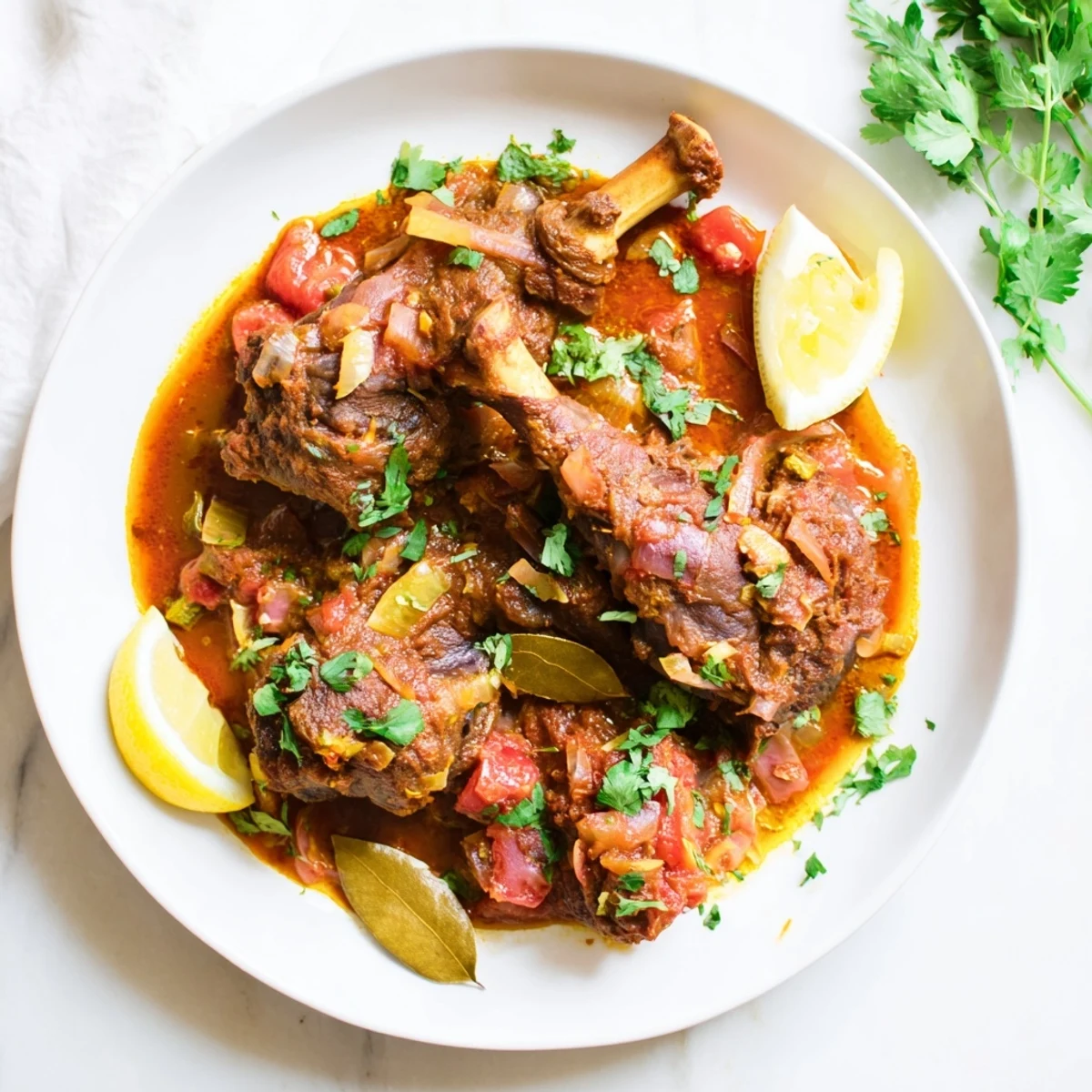 Slow-cooked Indian lamb shanks glisten in a rich, spiced curry sauce, served with basmati rice and fresh cilantro garnish.