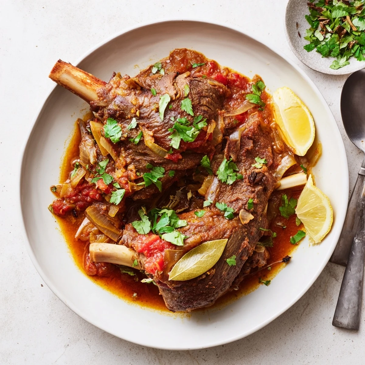 A close-up view reveals tender, fall-off-the-bone Slow-cooked Indian lamb shanks in a fragrant, saffron-tinted gravy.