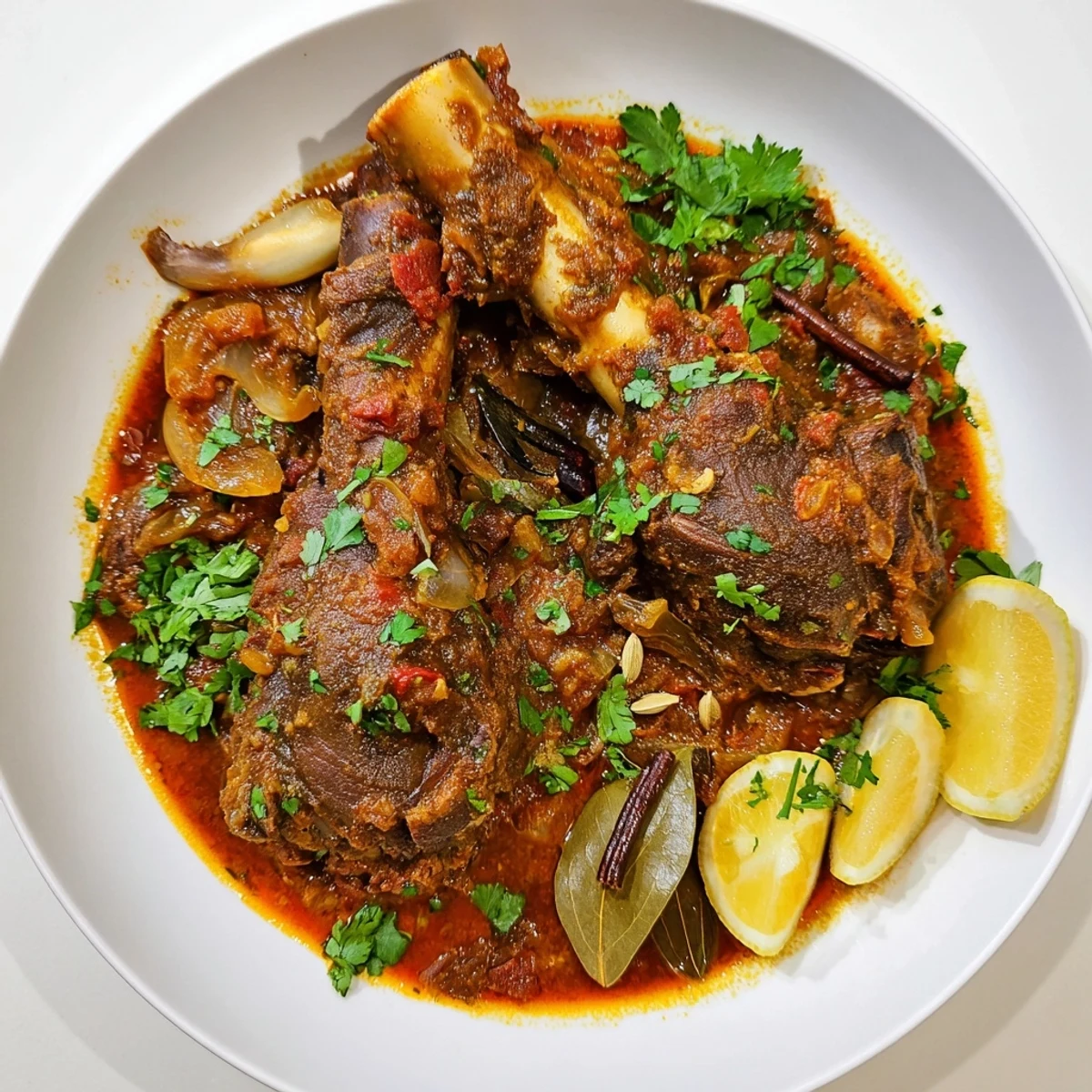 In this Slow-cooked Indian lamb shanks photo, the meat rests in a thick, aromatic sauce alongside naan bread.