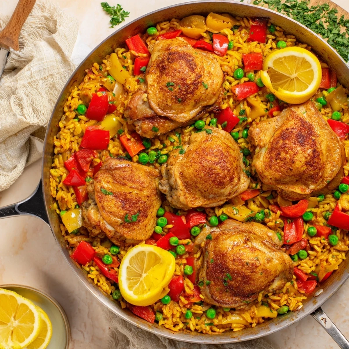 Golden crispy chicken thighs rest on fluffy saffron rice with vibrant peppers and peas in this One Pan Spanish Chicken and Rice Bake.