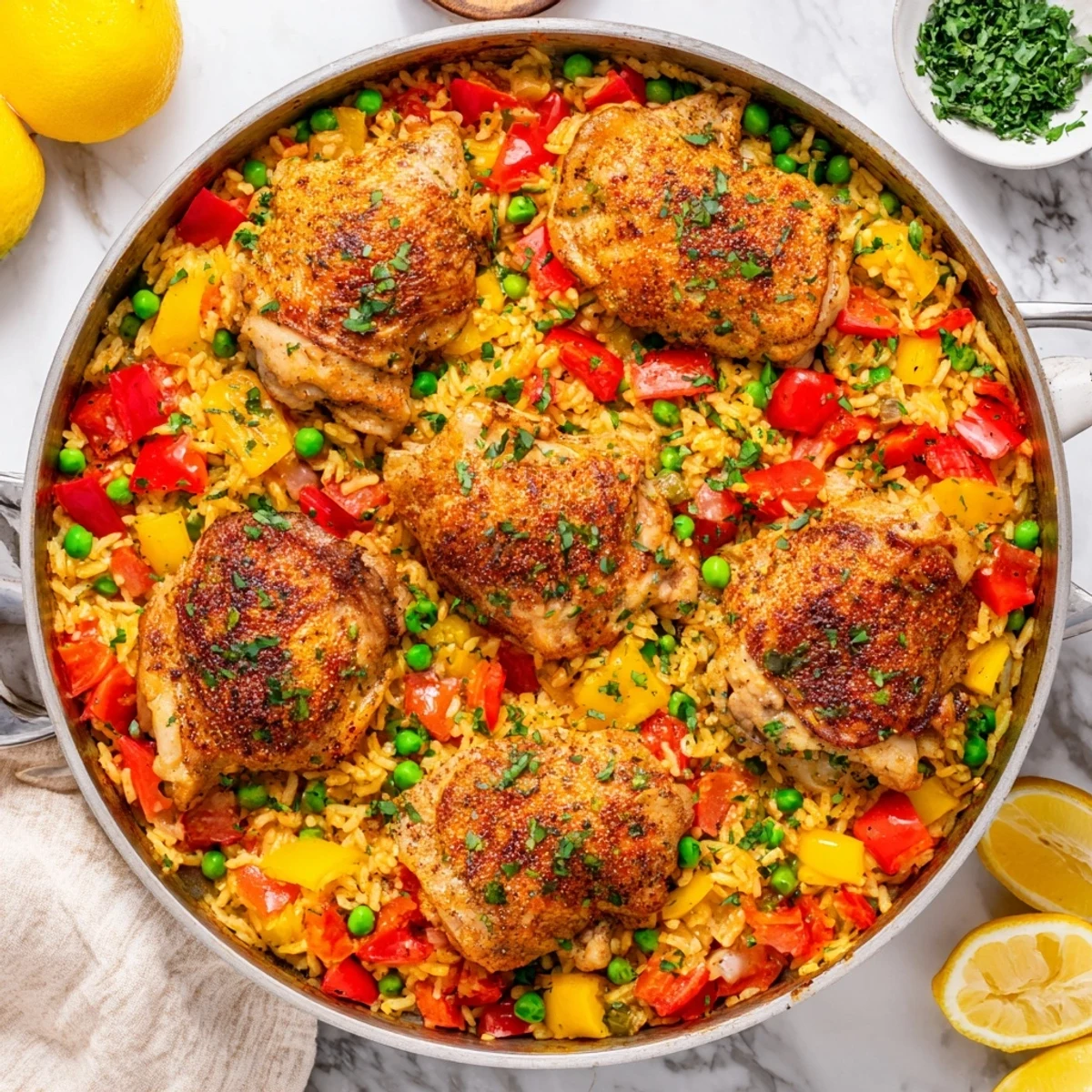 One Pan Spanish Chicken and Rice Bake emerges from the oven with steaming aromatics, tender chicken, and a beautifully caramelized crust in one skillet.