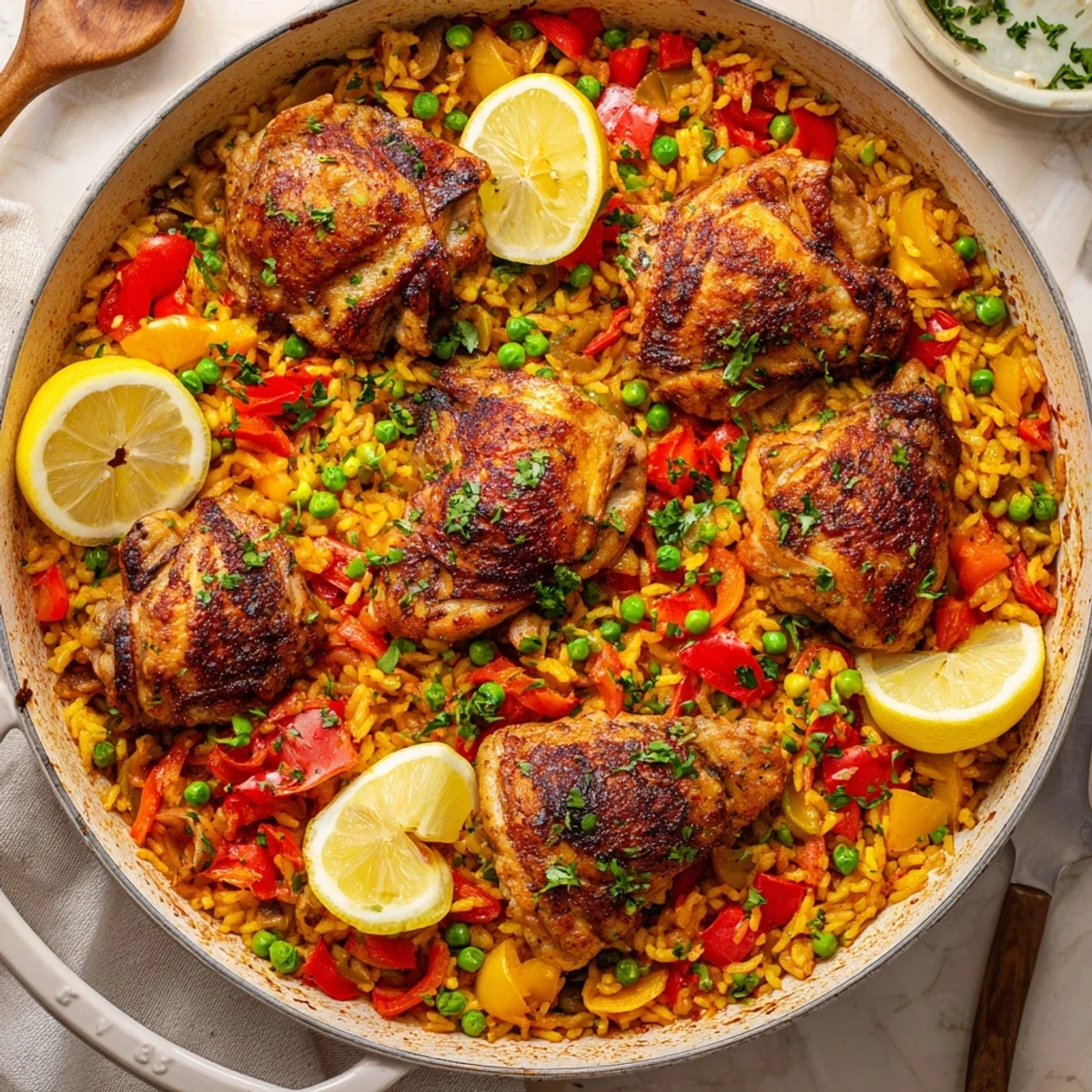 A close-up view shows juicy chicken thighs atop golden Spanish rice with red peppers, green peas, and fresh parsley garnish.