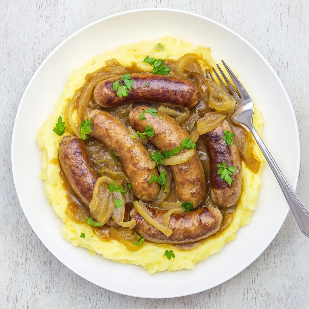 A hearty serving of Sausages in Onion Gravy ladled generously over fluffy mashed potatoes with fresh parsley garnish.