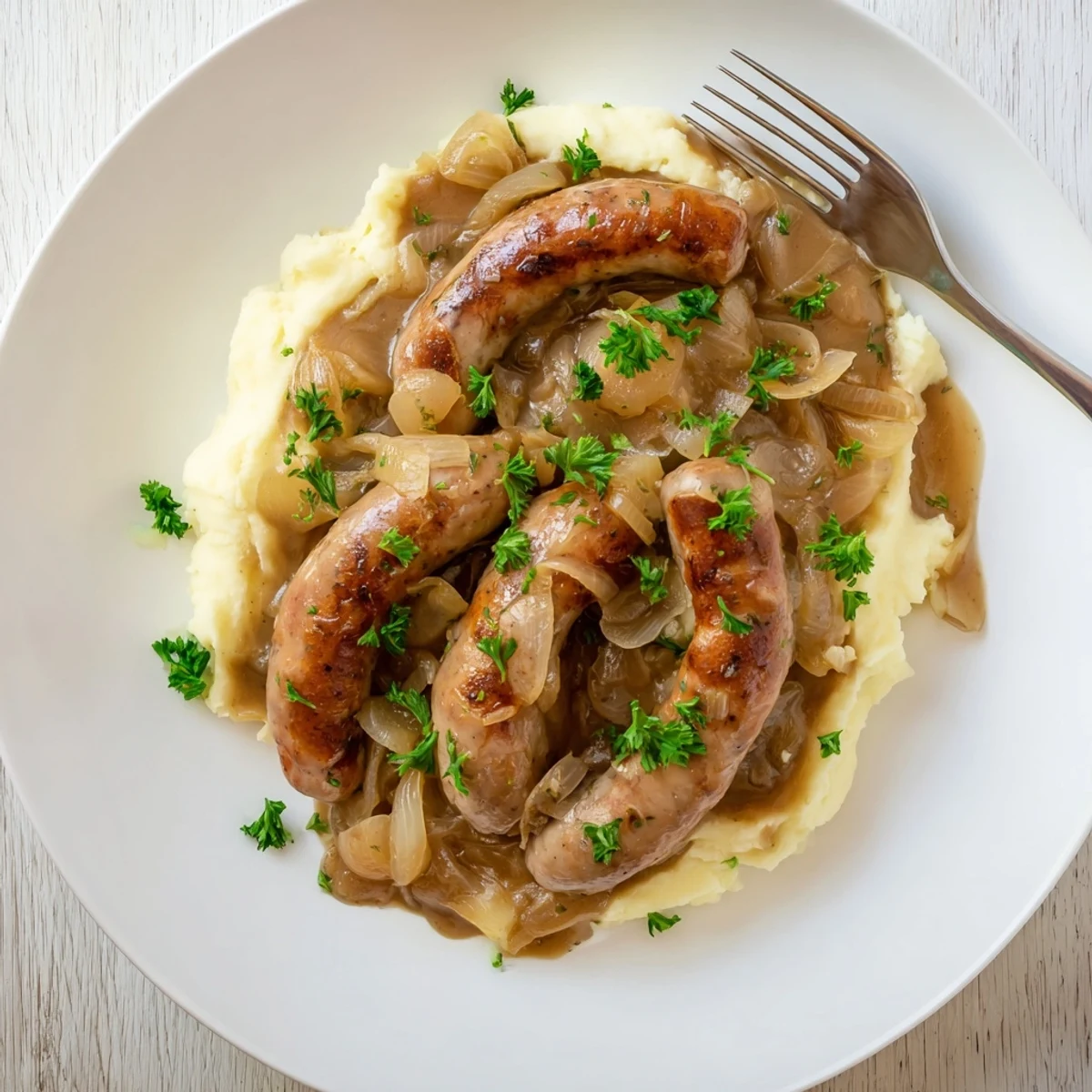 Steaming Sausages in Onion Gravy topped with caramelized onions and fresh thyme, ready to be served as a British dinner.