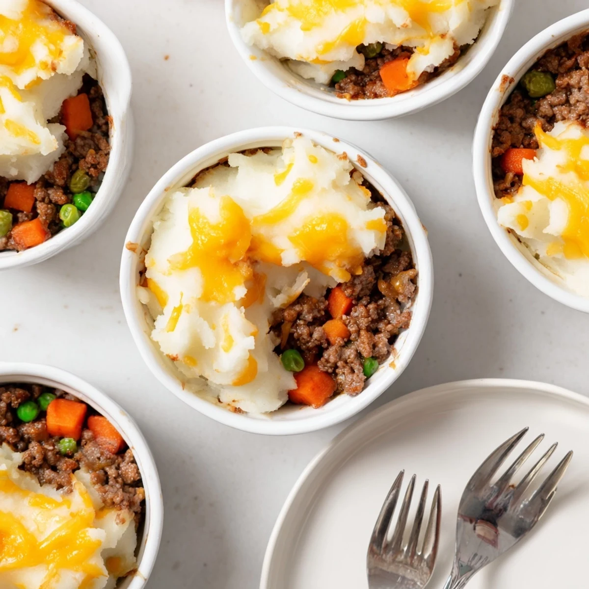 Six golden-brown Mini Shepherds Pie ramekins with creamy mashed potatoes and savory beef filling.