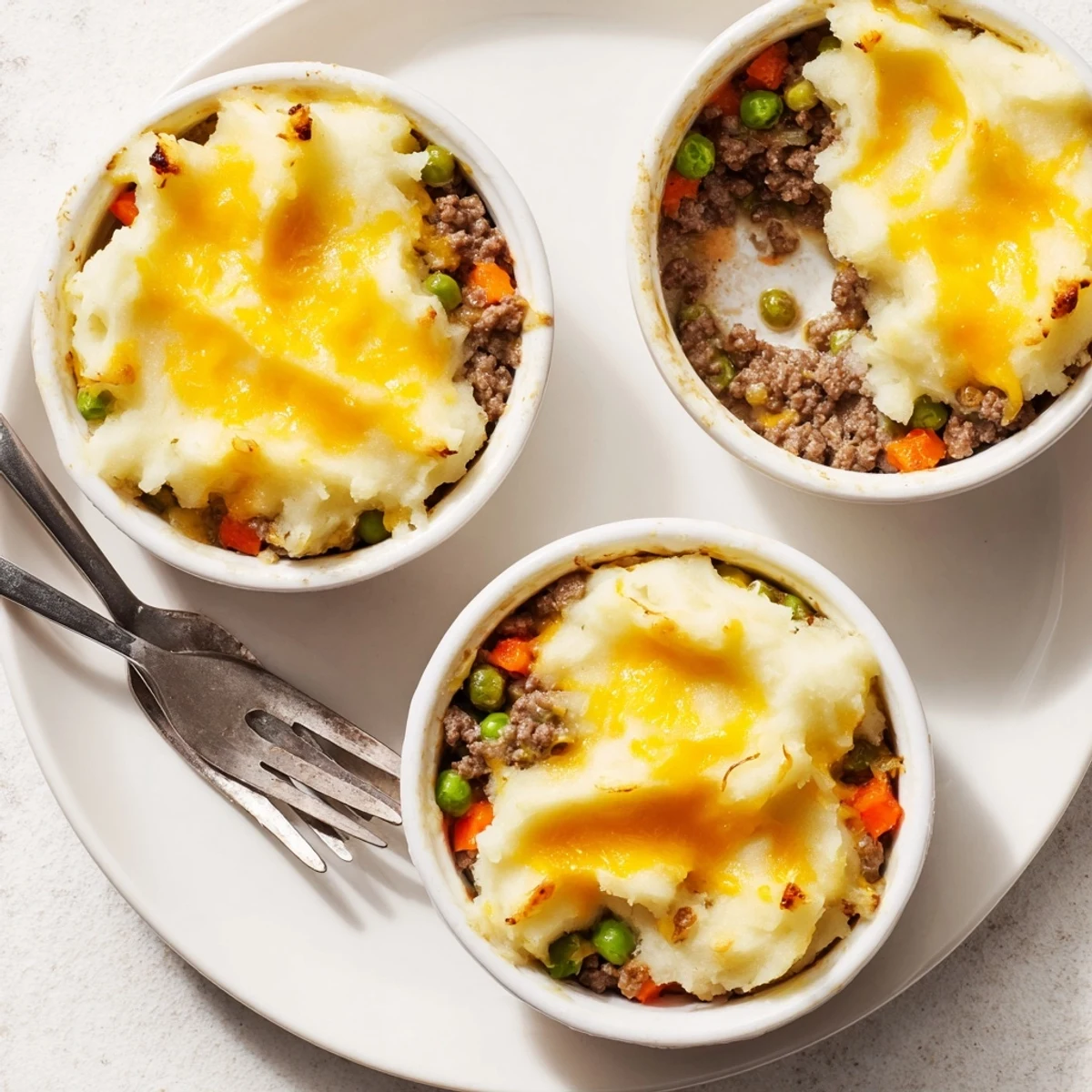 Warm individual Mini Shepherds Pie served with a fresh green salad on the side.