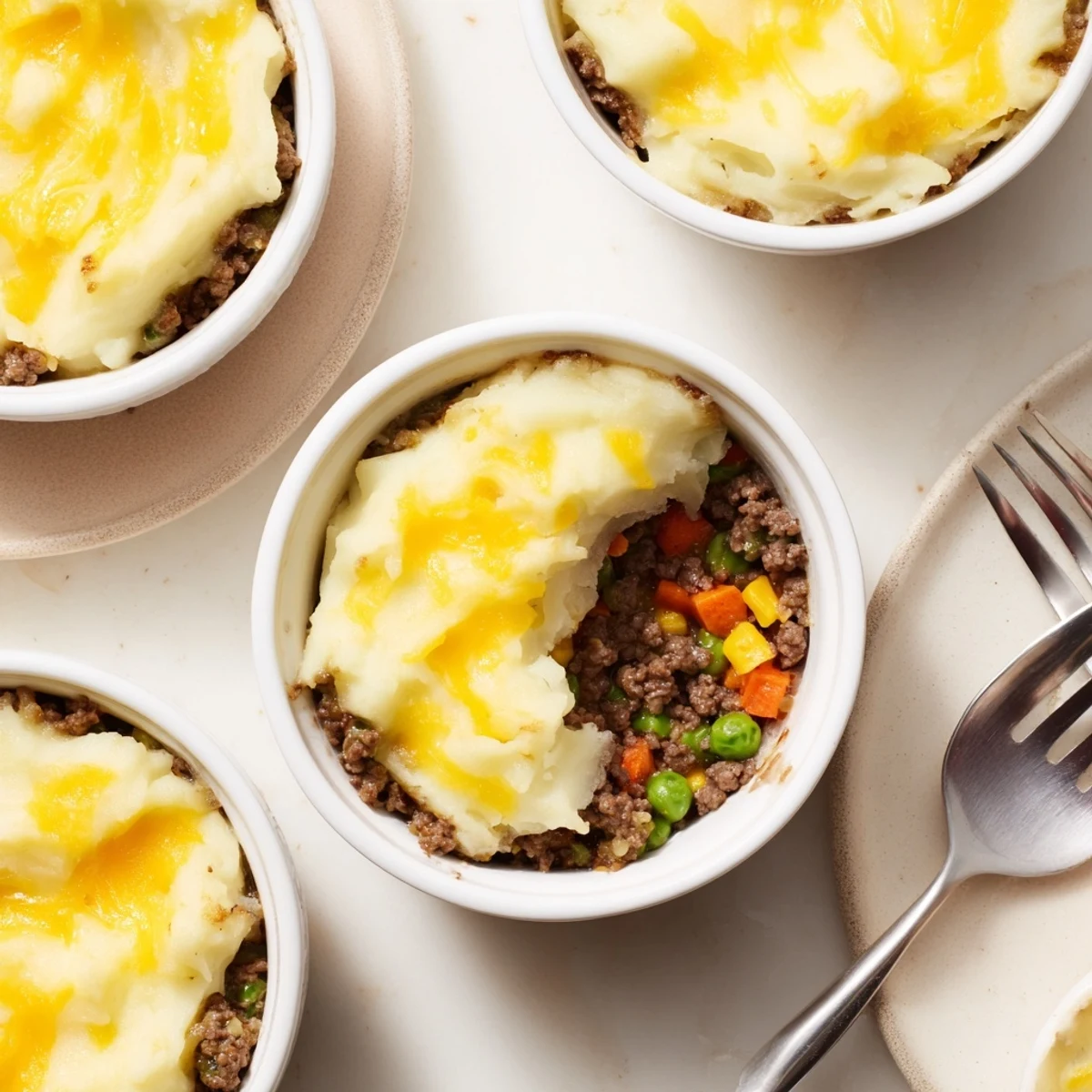 A close-up view of Mini Shepherds Pie, featuring bubbly ground meat and vegetable filling.