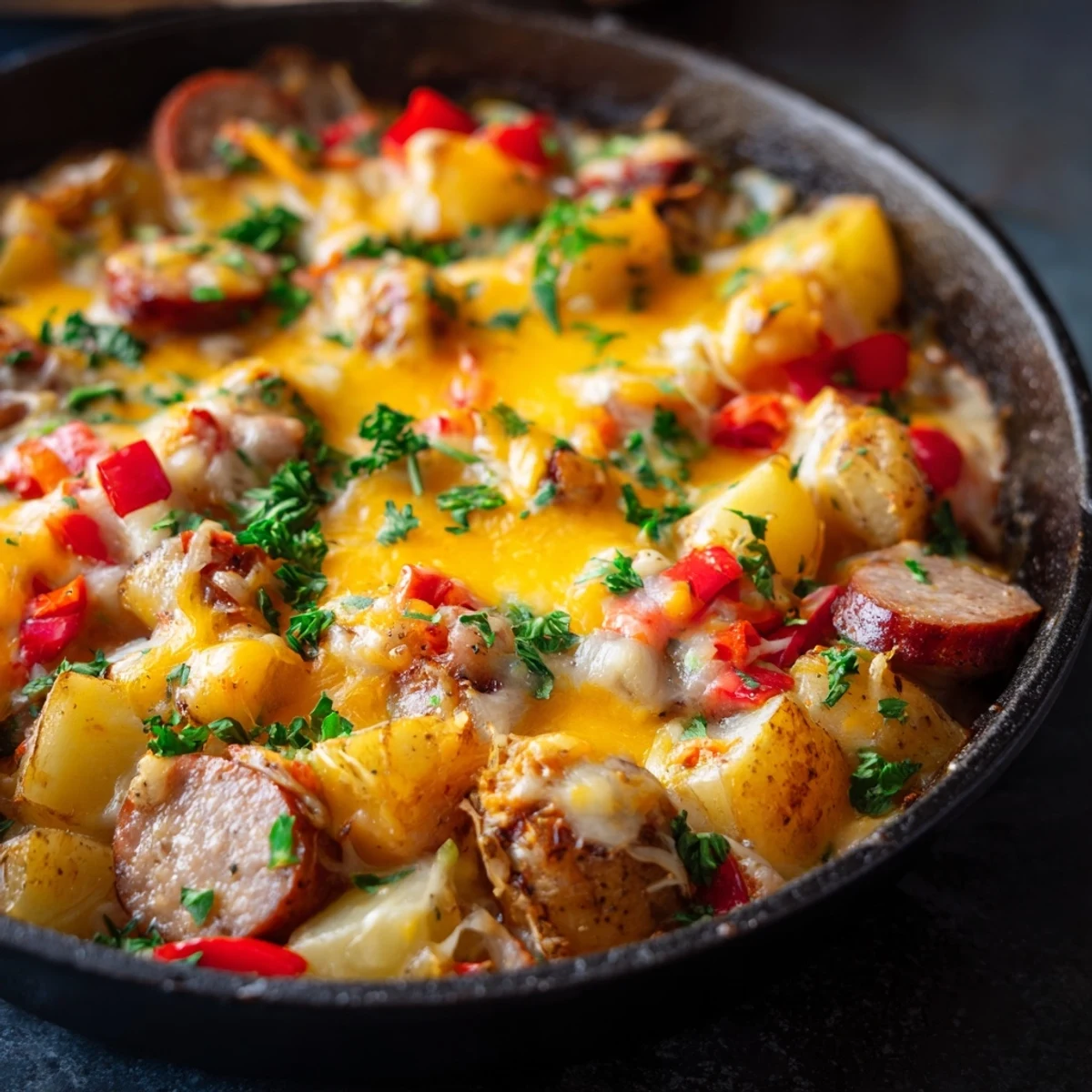 A close-up of Cheesy Sausage and Potato Skillet Bake with golden melted cheddar and browned sausage pieces.