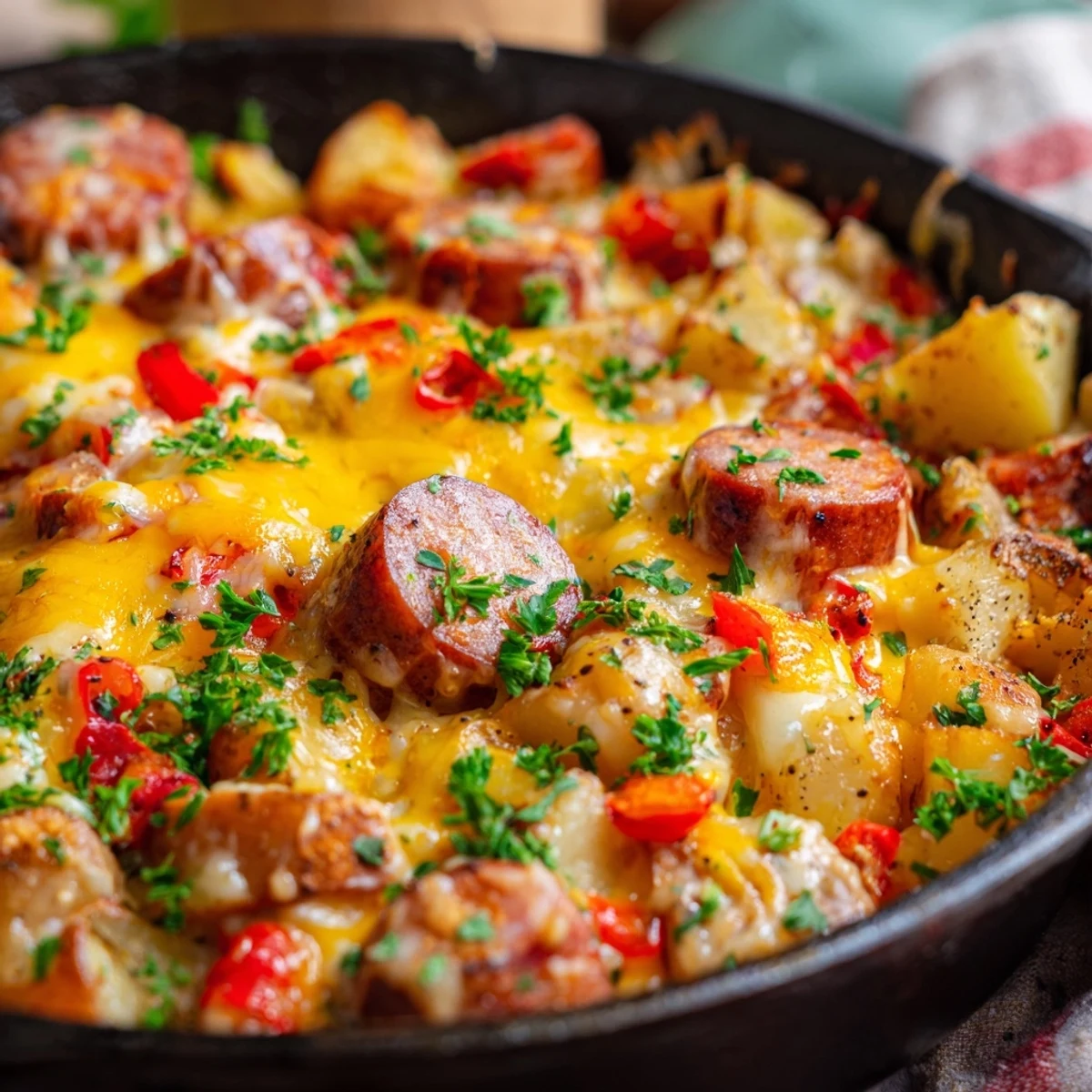 Golden bubbling Cheesy Sausage and Potato Skillet Bake served in a cast iron skillet for a family dinner.