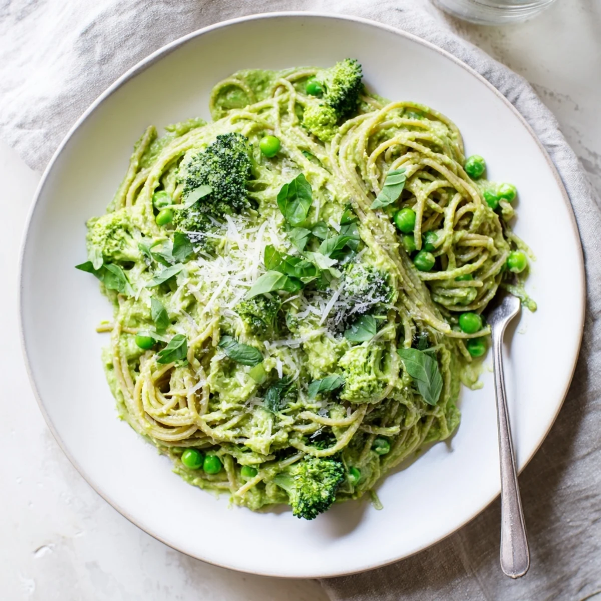 A close-up of Veggie Smuggler Avocado Pasta twirled on a fork, revealing vibrant green sauce.