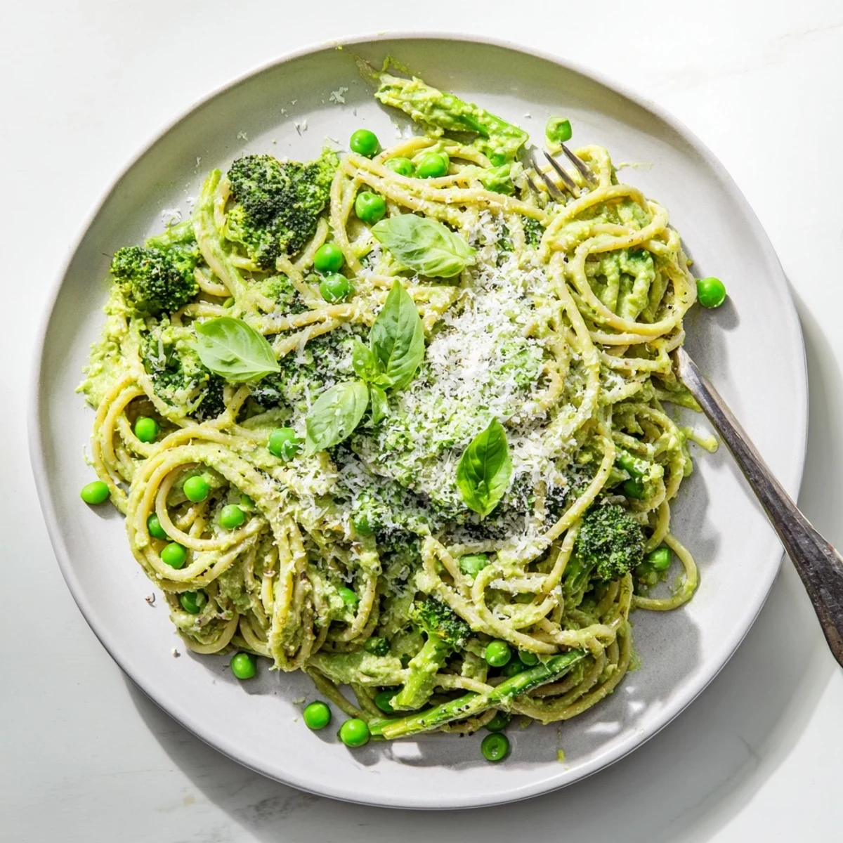 Creamy Veggie Smuggler Avocado Pasta served in a white bowl with broccoli and peas.