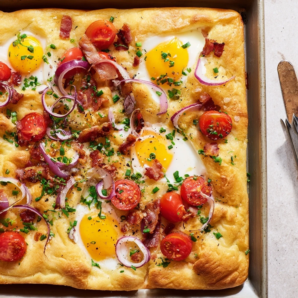 Golden-brown, dimpled focaccia dough is topped with sizzling bacon, halved cherry tomatoes, and baked eggs in this savory Breakfast Focaccia.