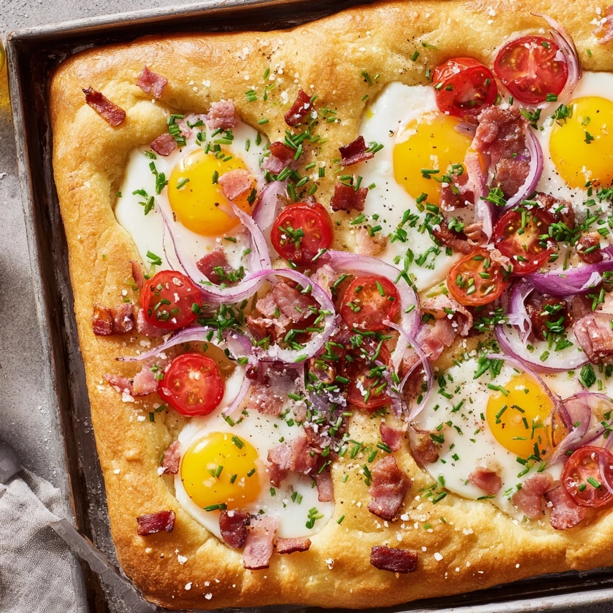 This plated Breakfast Focaccia showcases slices of fluffy Italian flatbread with eggs, bacon, and onions, ready for a hearty brunch.