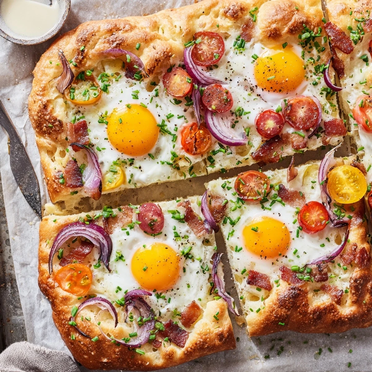 A close-up view of this Breakfast Focaccia reveals glistening olive oil, fresh herbs, and runny egg yolks on a rustic bread.