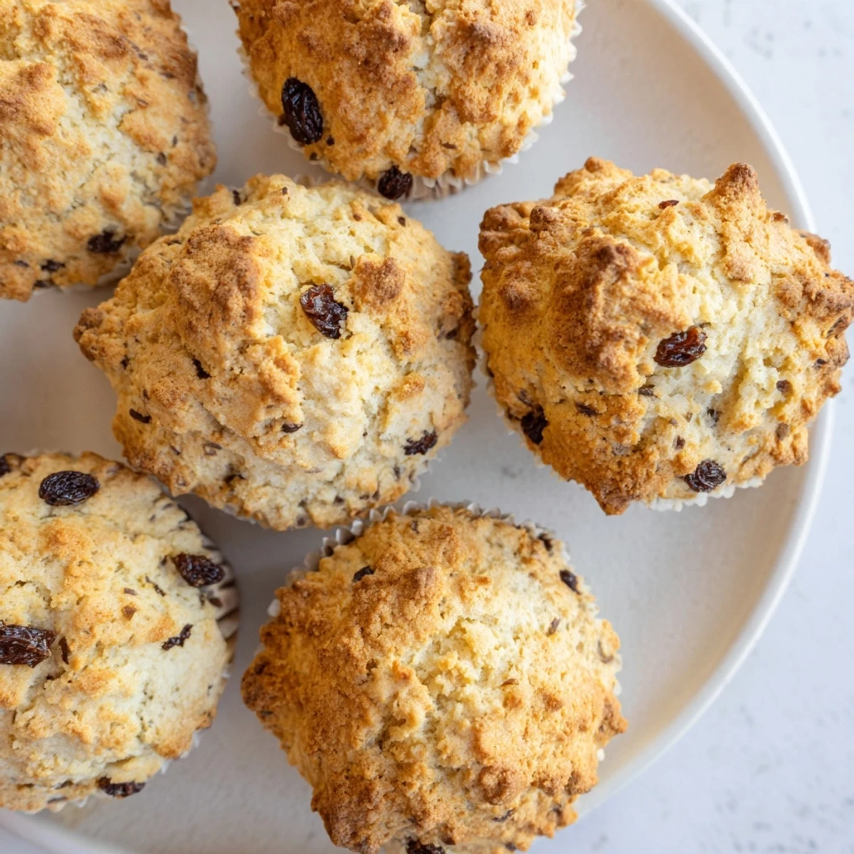 Golden brown Irish Soda Bread Muffins served warm on a wooden board next to a pat of butter.
