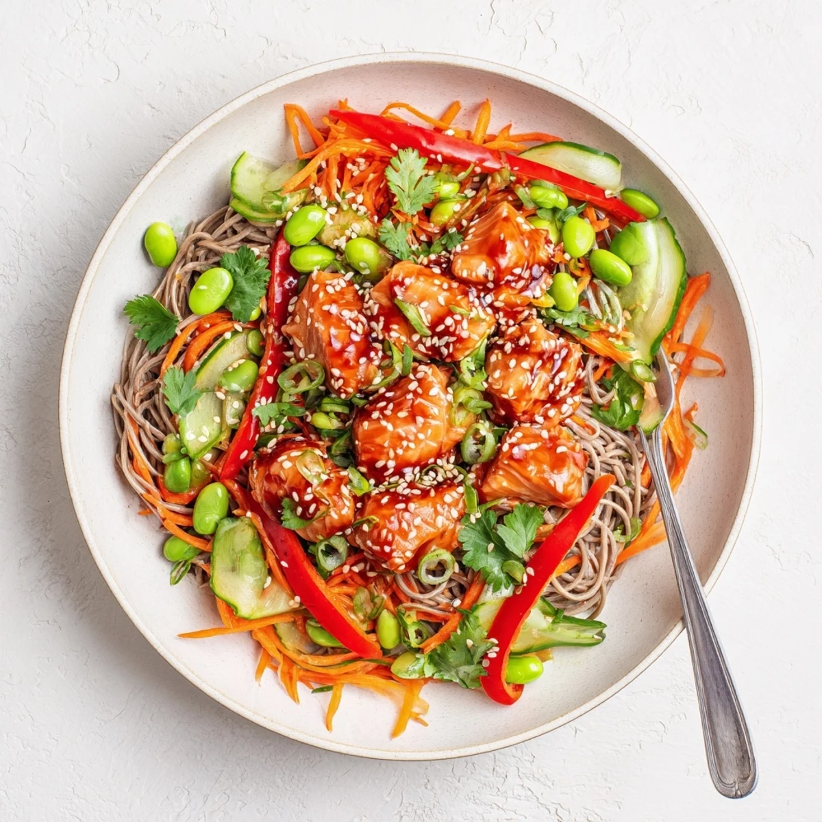 Glazed teriyaki salmon rests atop a vibrant soba noodle salad with crisp veggies and toasted sesame seeds.  