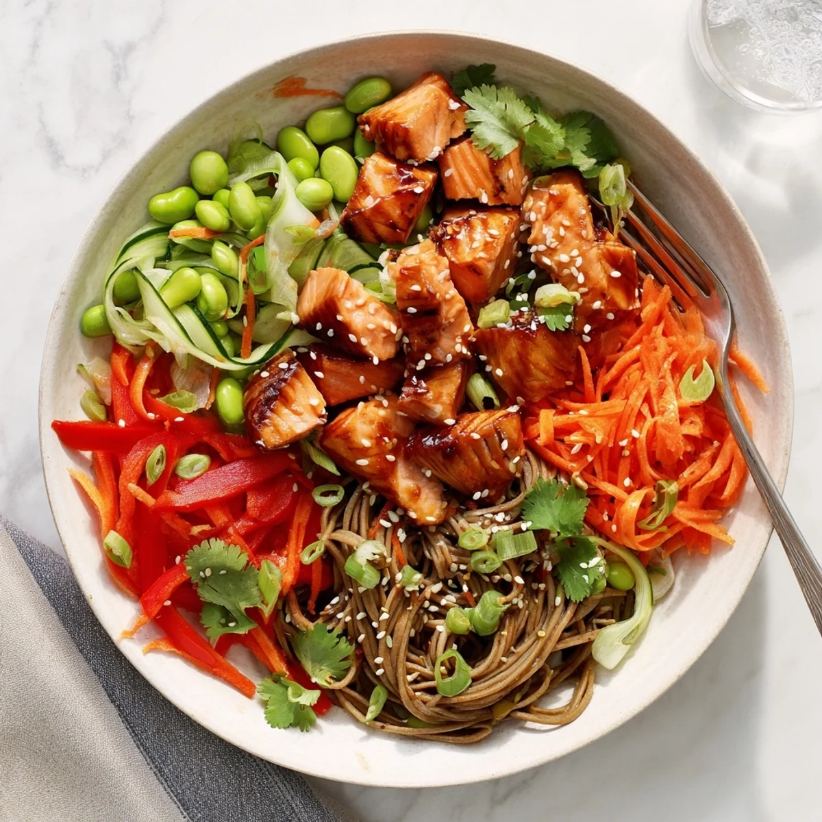 In this Teriyaki Salmon Soba Noodle Salad, tender salmon flakes over chilled buckwheat noodles tossed with fresh vegetables.  