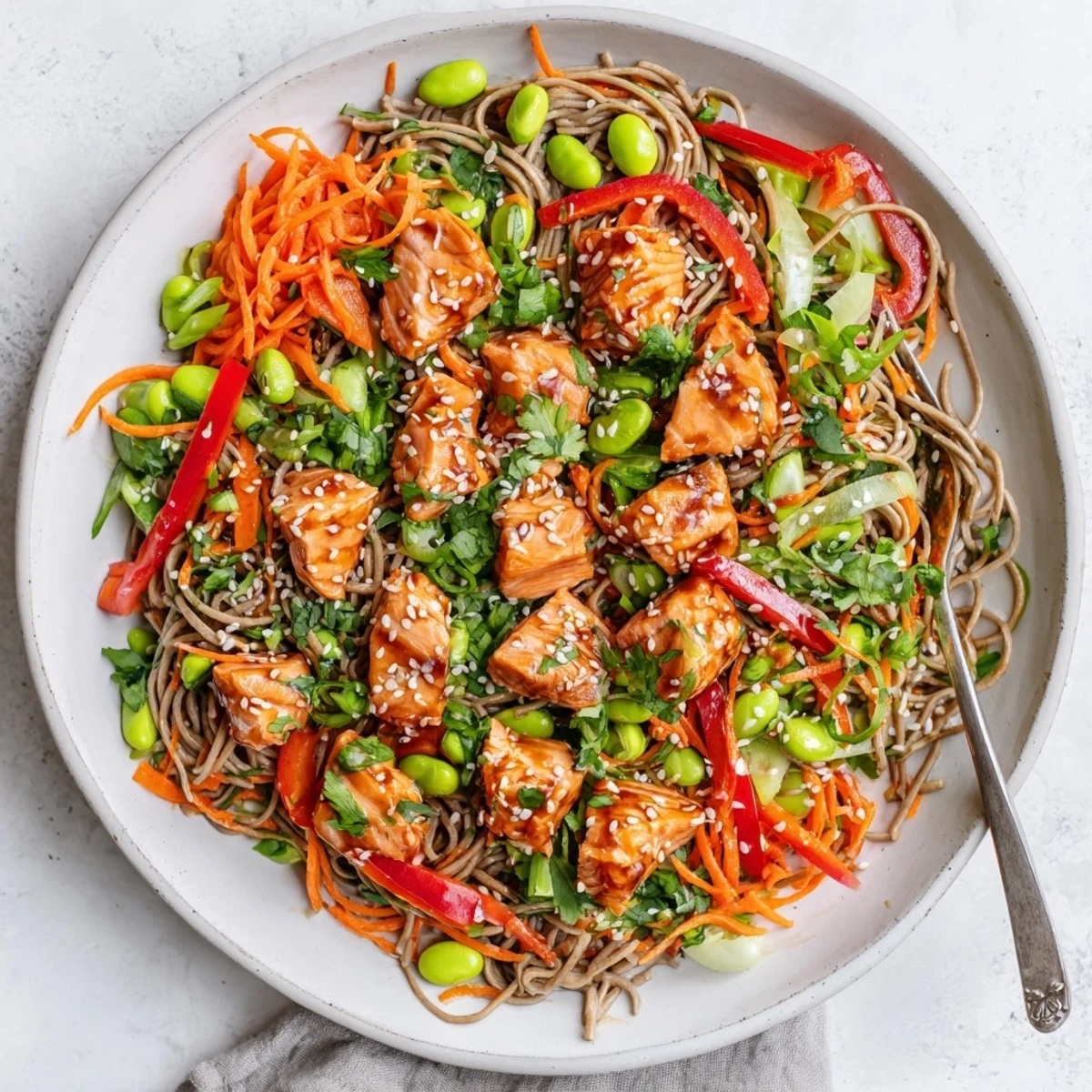 A close-up of Teriyaki Salmon Soba Noodle Salad shows glossy salmon and colorful vegetables with a lime wedge garnish.