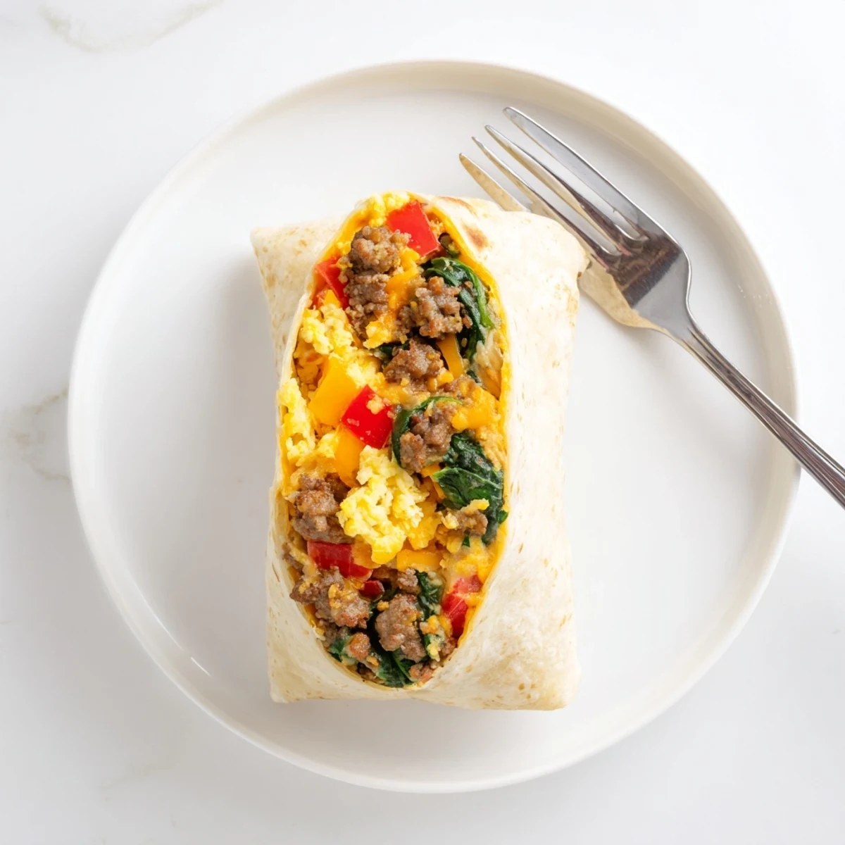 Golden make-ahead breakfast burritos loaded with fluffy eggs, sausage, cheese, and colorful vegetables
