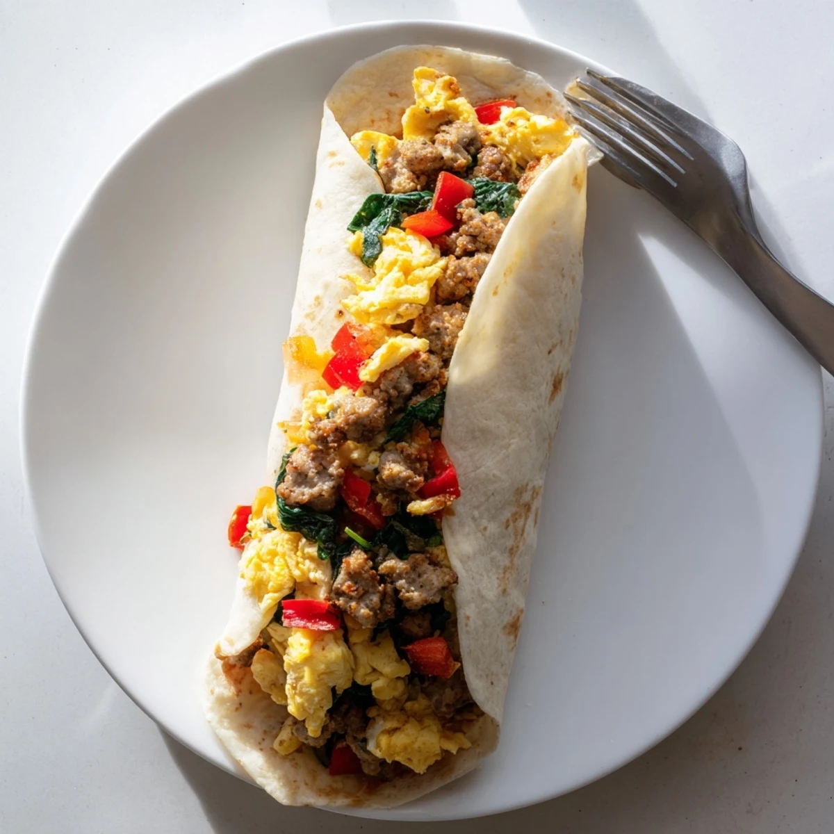 Handheld breakfast burritos featuring scrambled eggs, bell peppers, melted cheddar, and crumbled sausage