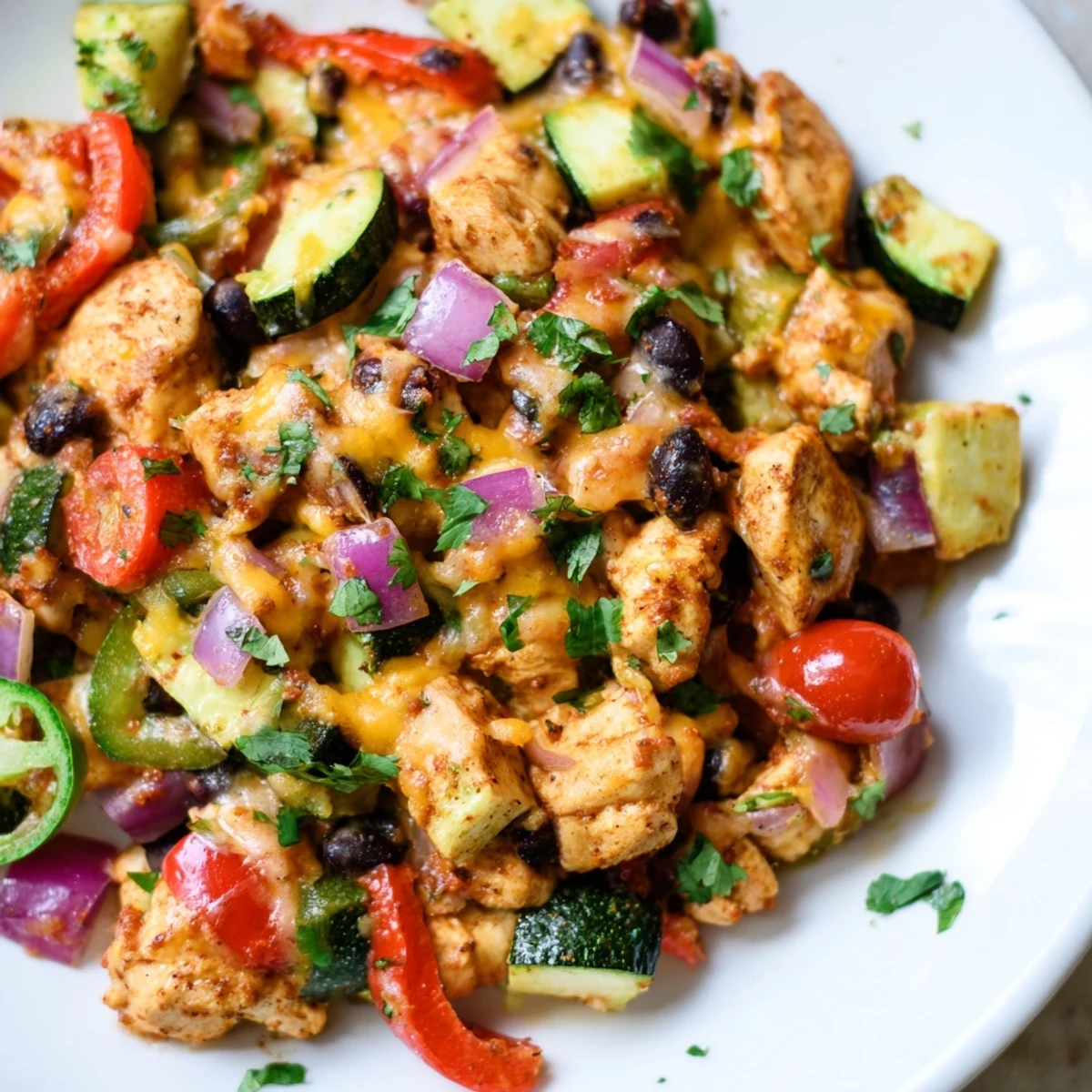 Golden chicken pieces and tender zucchini in a vibrant Tex-Mex chicken and zucchini skillet topped with melted cheese