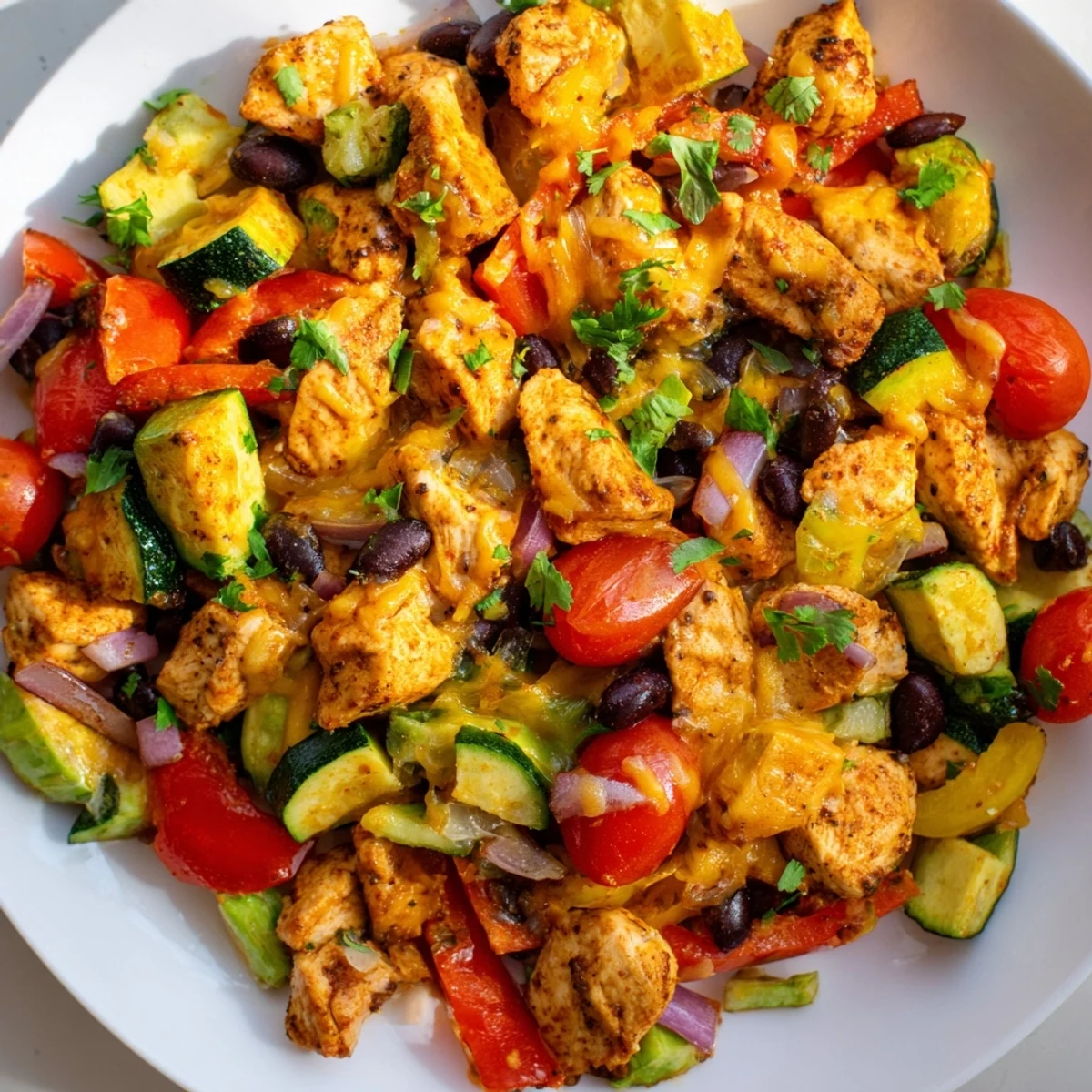 Weeknight dinner featuring Tex-Mex chicken and zucchini served steaming hot with melty shredded cheese and lime