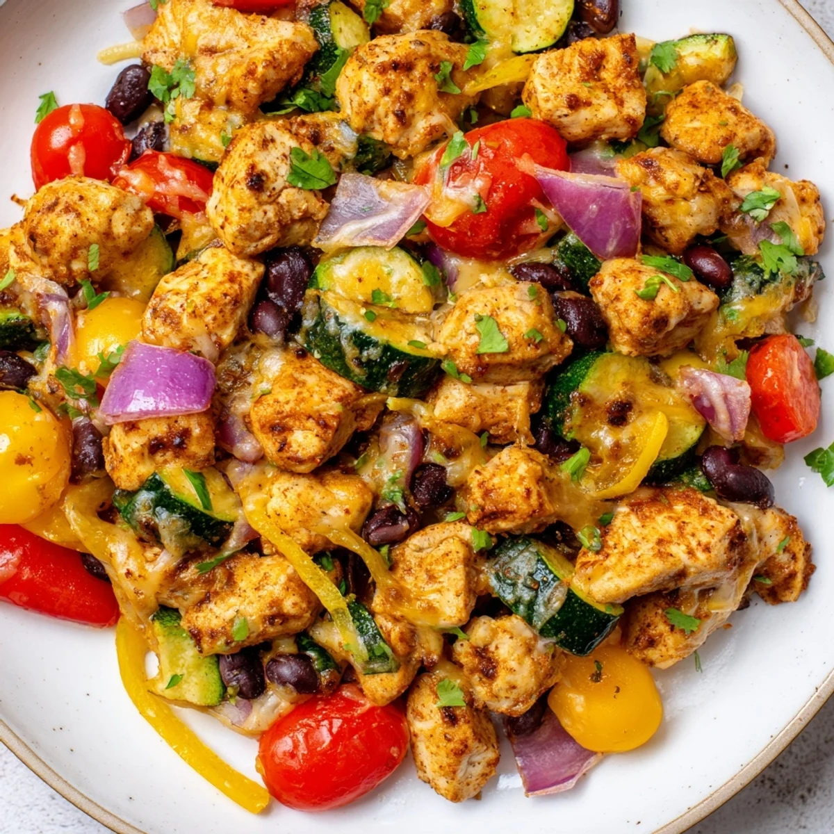 Sizzling one-pan Tex-Mex chicken and zucchini with colorful peppers, black beans, and fresh cilantro garnish