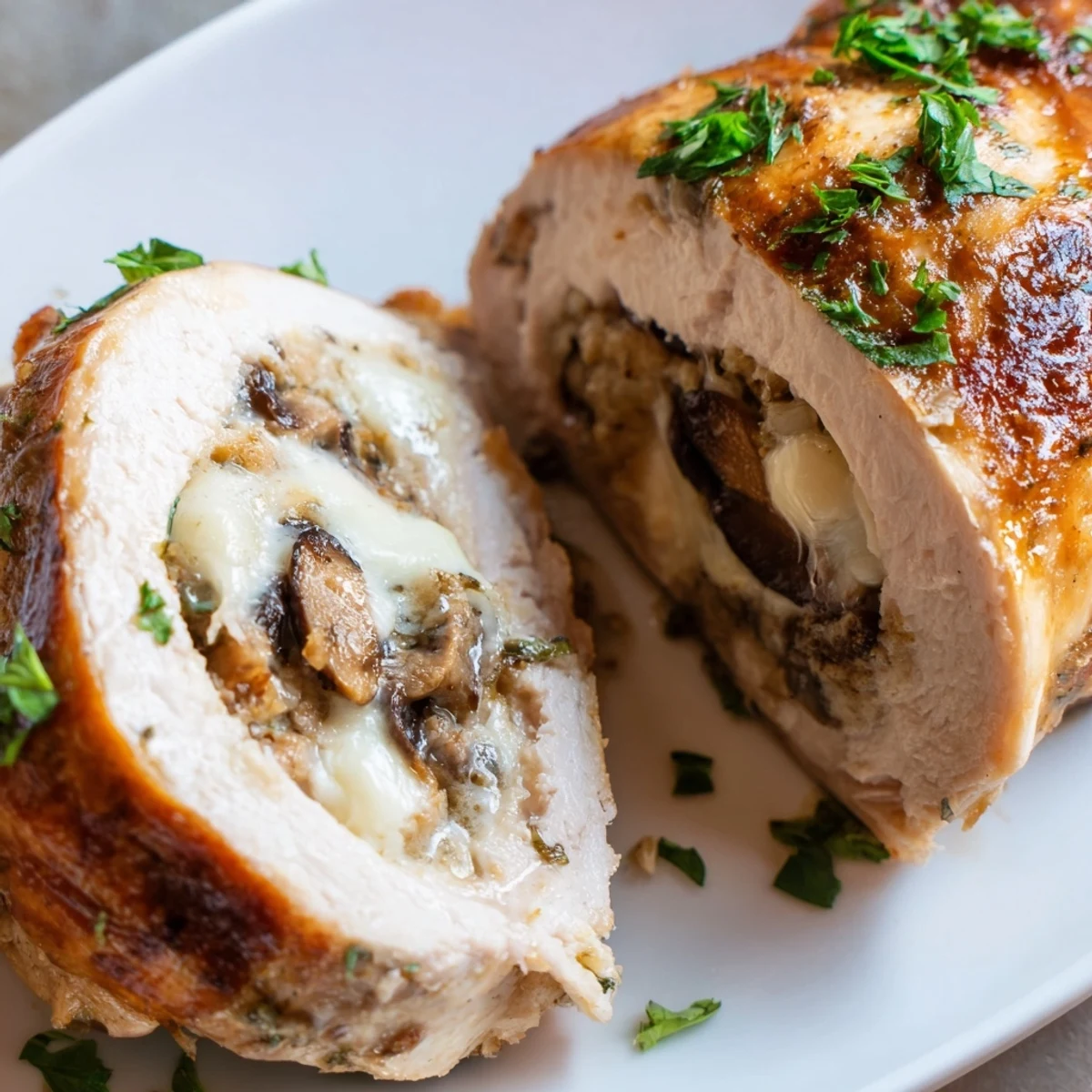 Golden seared mushroom stuffed chicken breast served on a white plate with fresh parsley garnish