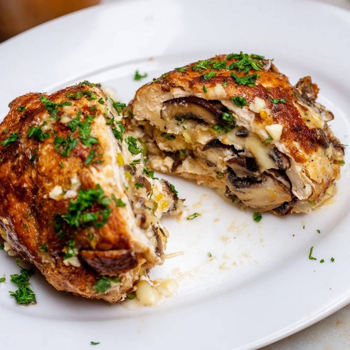 Juicy baked chicken breasts filled with savory mushroom garlic herb filling sliced to show stuffing
