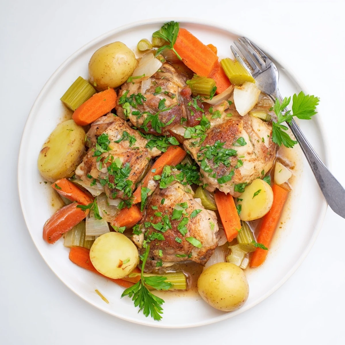 Golden brown healthy savory slow cooker chicken surrounded by tender baby potatoes and colorful vegetables
