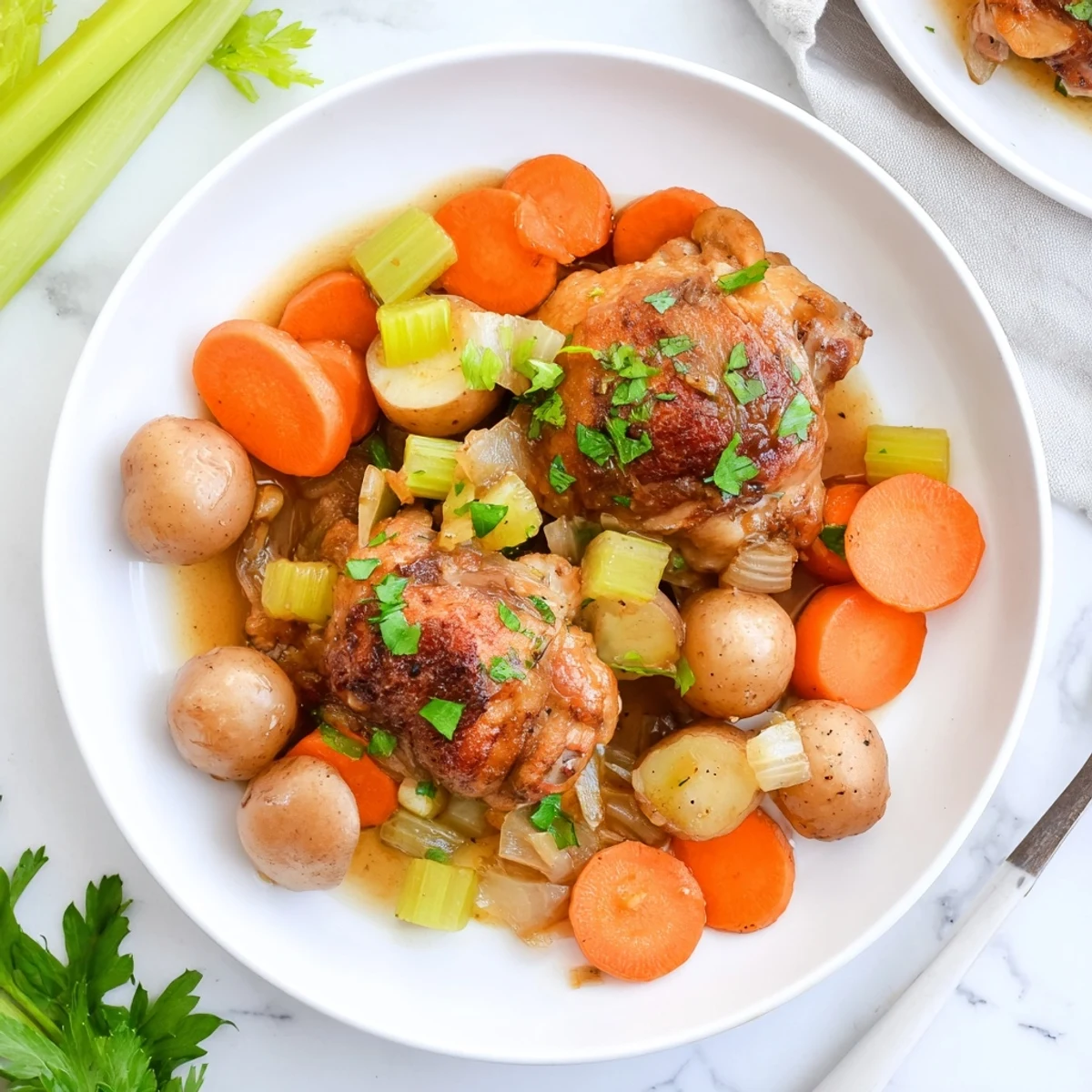 Succulent slow cooker chicken thighs nestled with carrots and celery in a rich aromatic broth