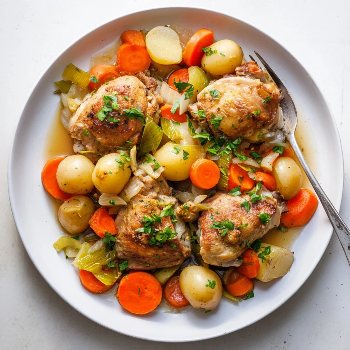 Plated healthy savory slow cooker chicken garnished with fresh parsley alongside steamed seasonal vegetables