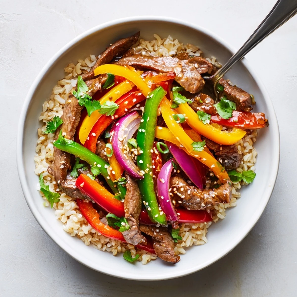 Golden brown beef strips and colorful bell peppers served over fluffy brown rice in a Healthy Beef and Pepper Rice Bowl