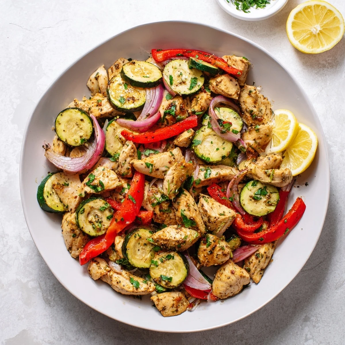 Golden brown chicken strips tossed with colorful bell peppers and zucchini in this Mediterranean chicken stir fry