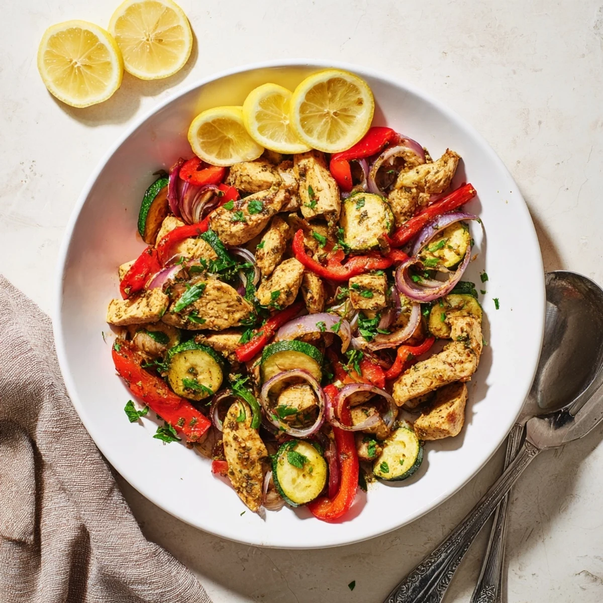 Vibrant skillet of Mediterranean chicken stir fry featuring tender juicy meat and crisp fresh vegetables