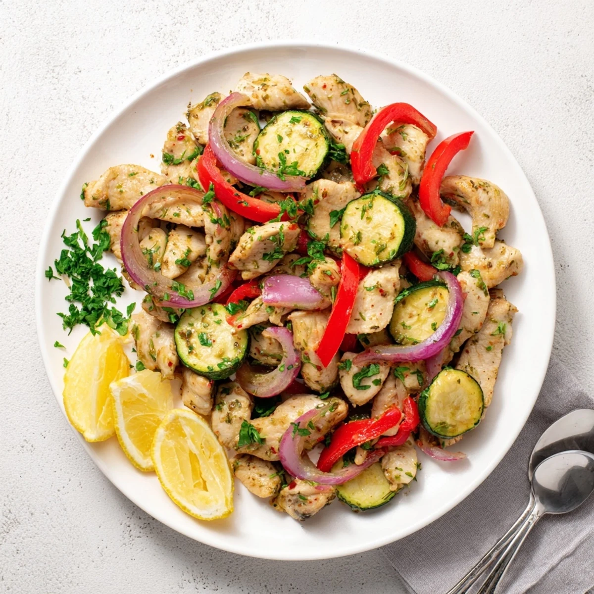 Sizzling Mediterranean chicken stir fry with aromatic garlic oregano served over rice with fresh parsley garnish