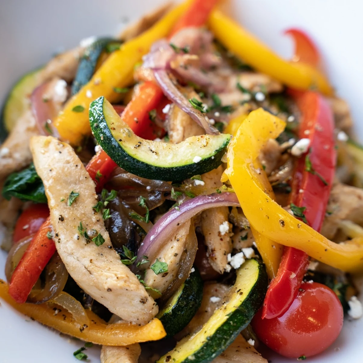 Golden pan-seared Mediterranean chicken stir fry with colorful bell peppers and fresh vegetables in a skillet